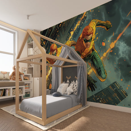 Sports wallpaper displayed in modern teen bedroom with basketball and football theme