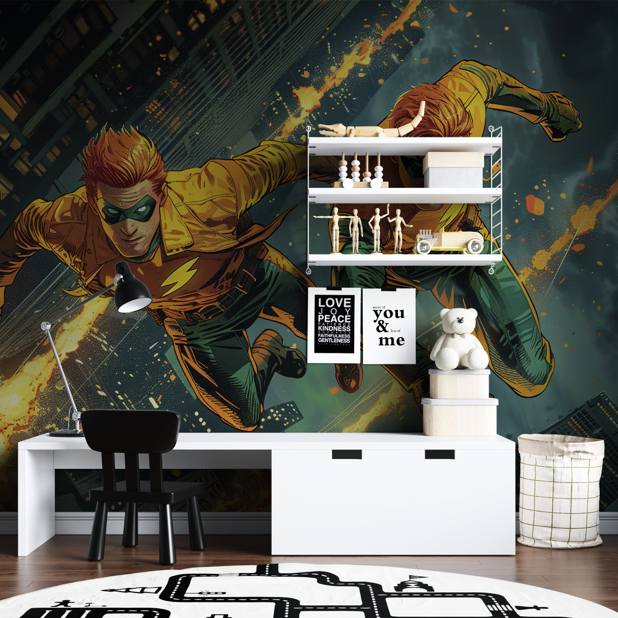 Dynamic sports mural in game room showing scale of basketball and football design