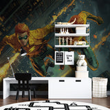 Dynamic sports mural in game room showing scale of basketball and football design