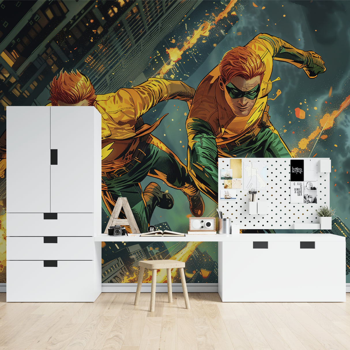 Sports themed wallpaper bringing energy to home gym space