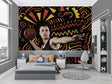 Basketball wallpaper mural bringing energy to modern teen bedroom with orange and yellow graphics