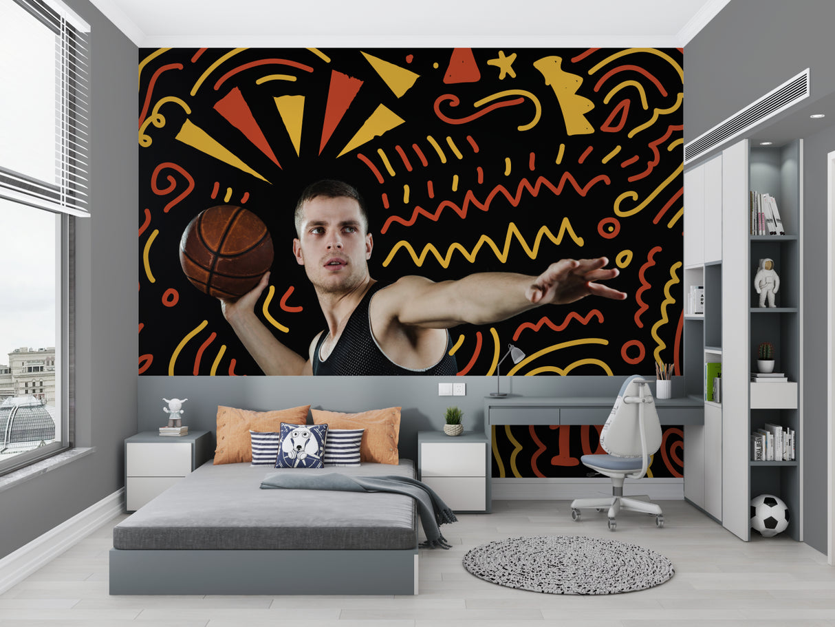 Basketball wallpaper mural bringing energy to modern teen bedroom with orange and yellow graphics