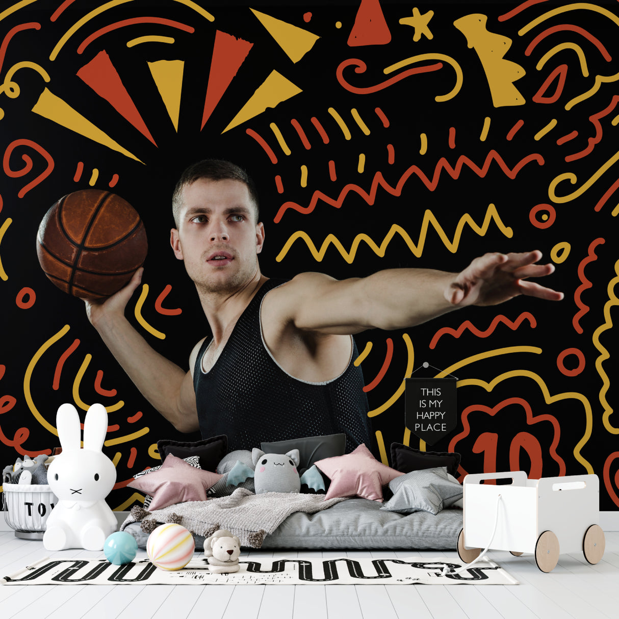 Dynamic sports mural displayed in sleek game room with contemporary furniture