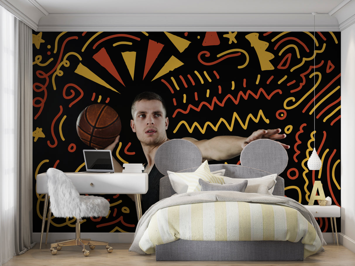 Basketball themed wallpaper creating bold statement in home gym setting