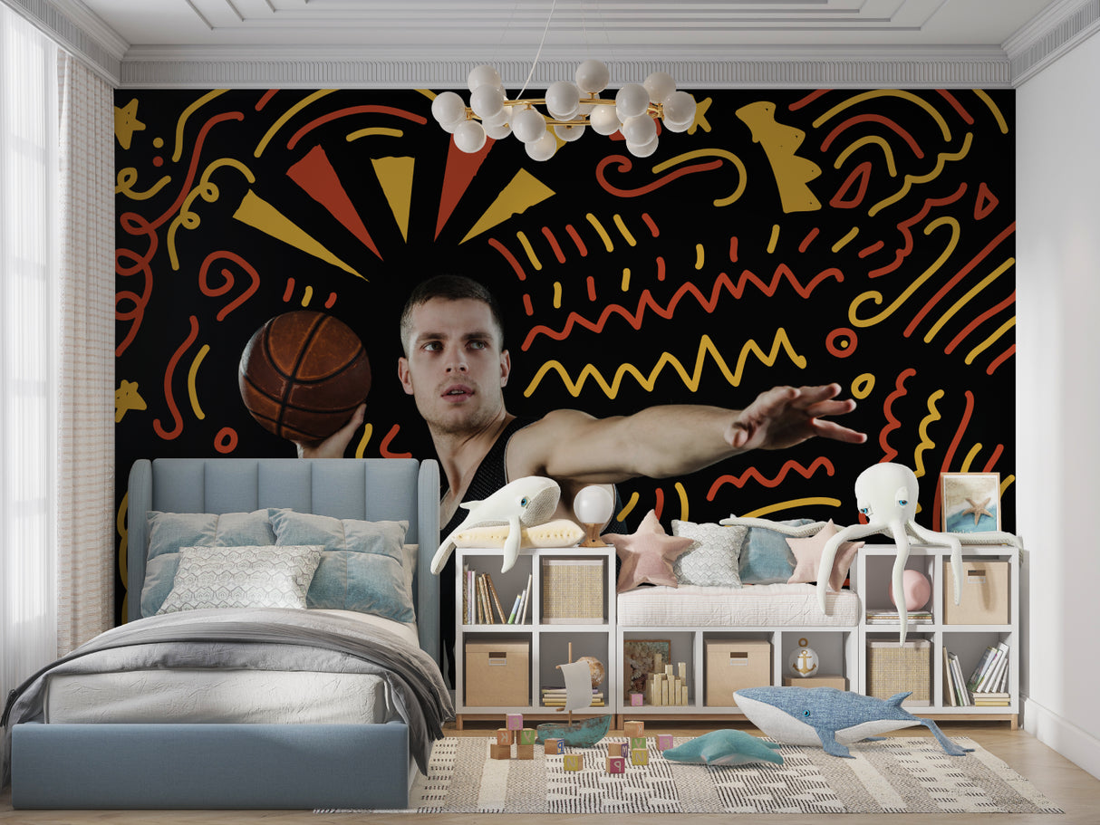 Modern sports wallpaper installation in recreational center with black and orange theme