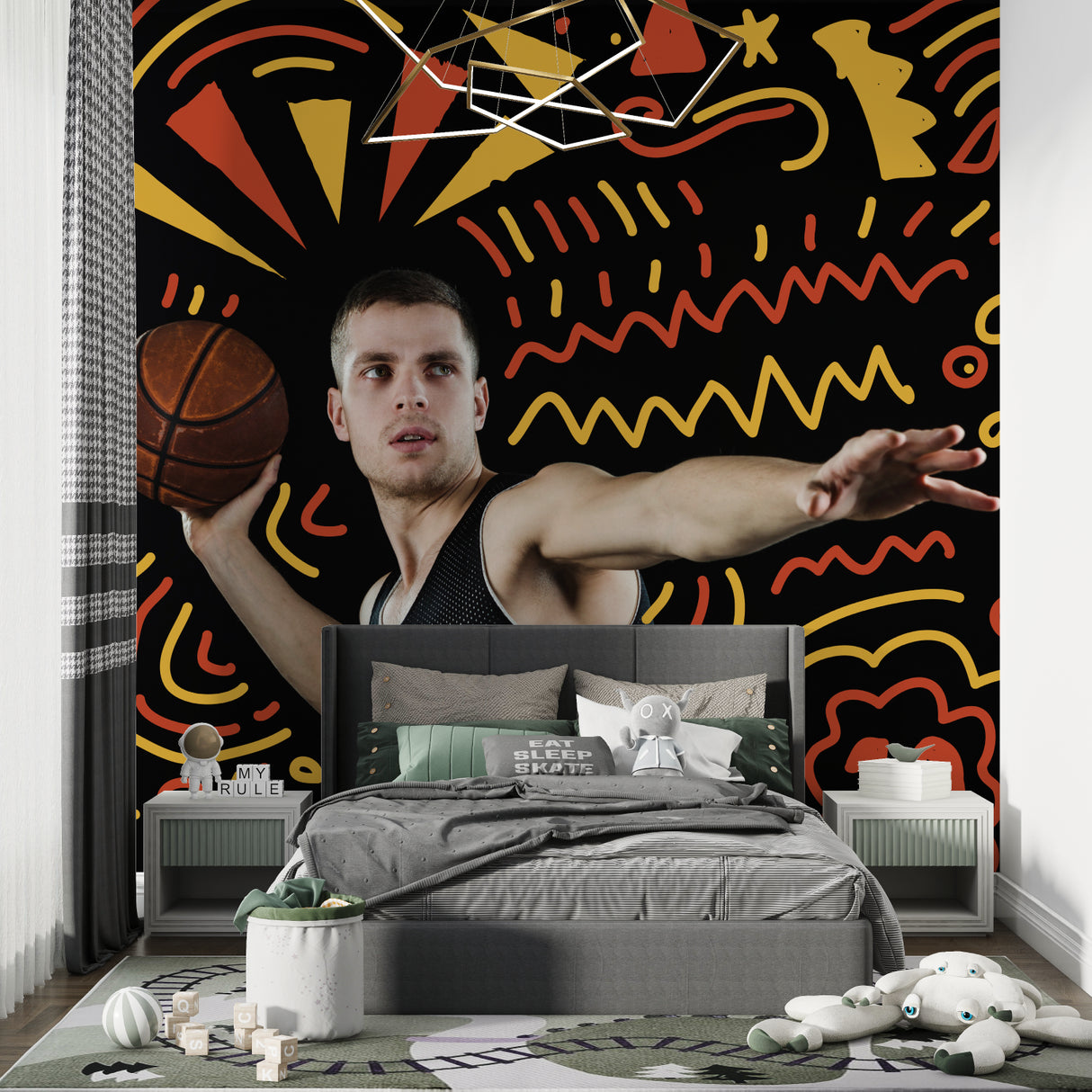 Basketball mural adding energy to school sports facility with geometric patterns