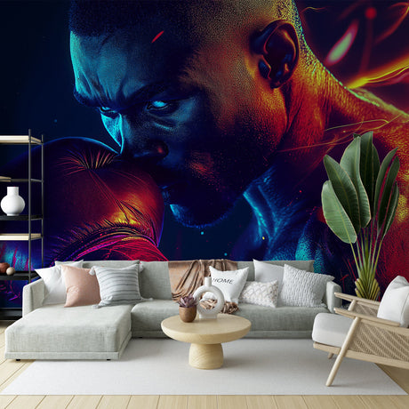 Boxing mural wallpaper with neon effects creating dramatic atmosphere in modern home gym setup