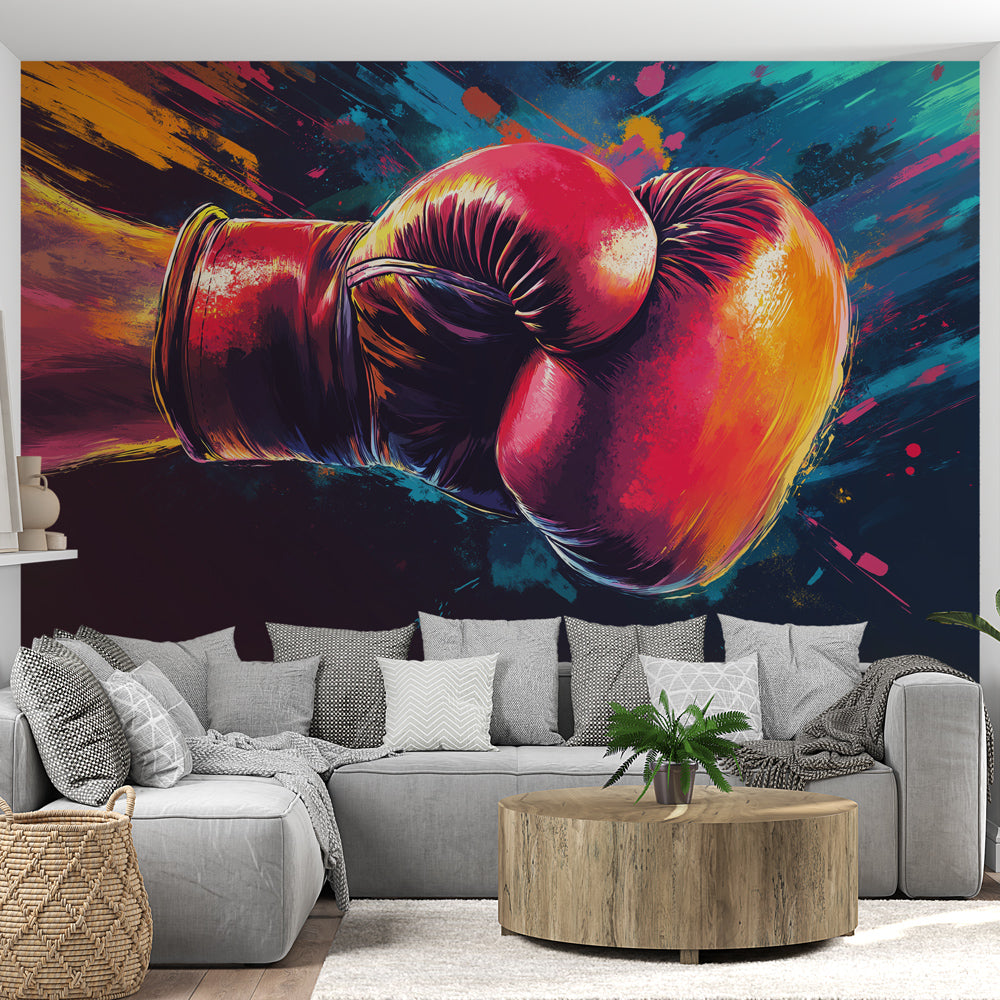 Boxing glove wall mural creating dynamic atmosphere in modern home gym, red and orange design with paint splashes