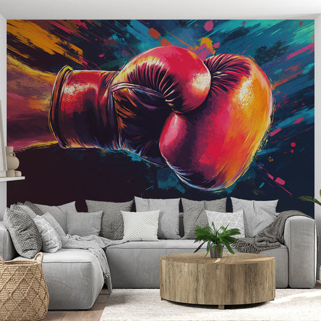 Boxing glove wall mural creating dynamic atmosphere in modern home gym, red and orange design with paint splashes