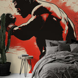 Boxing wallpaper mural displayed in modern home gym, showing dramatic silhouettes against red backdrop