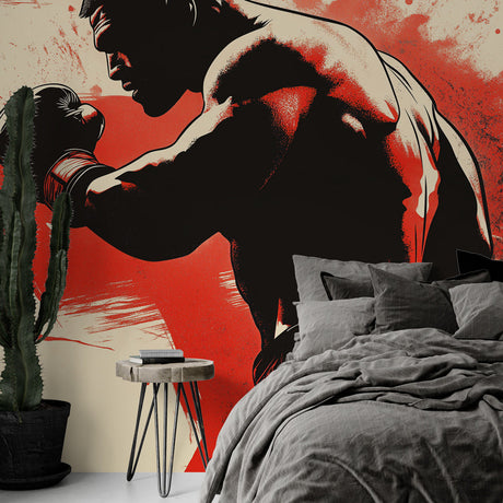 Boxing wallpaper mural displayed in modern home gym, showing dramatic silhouettes against red backdrop