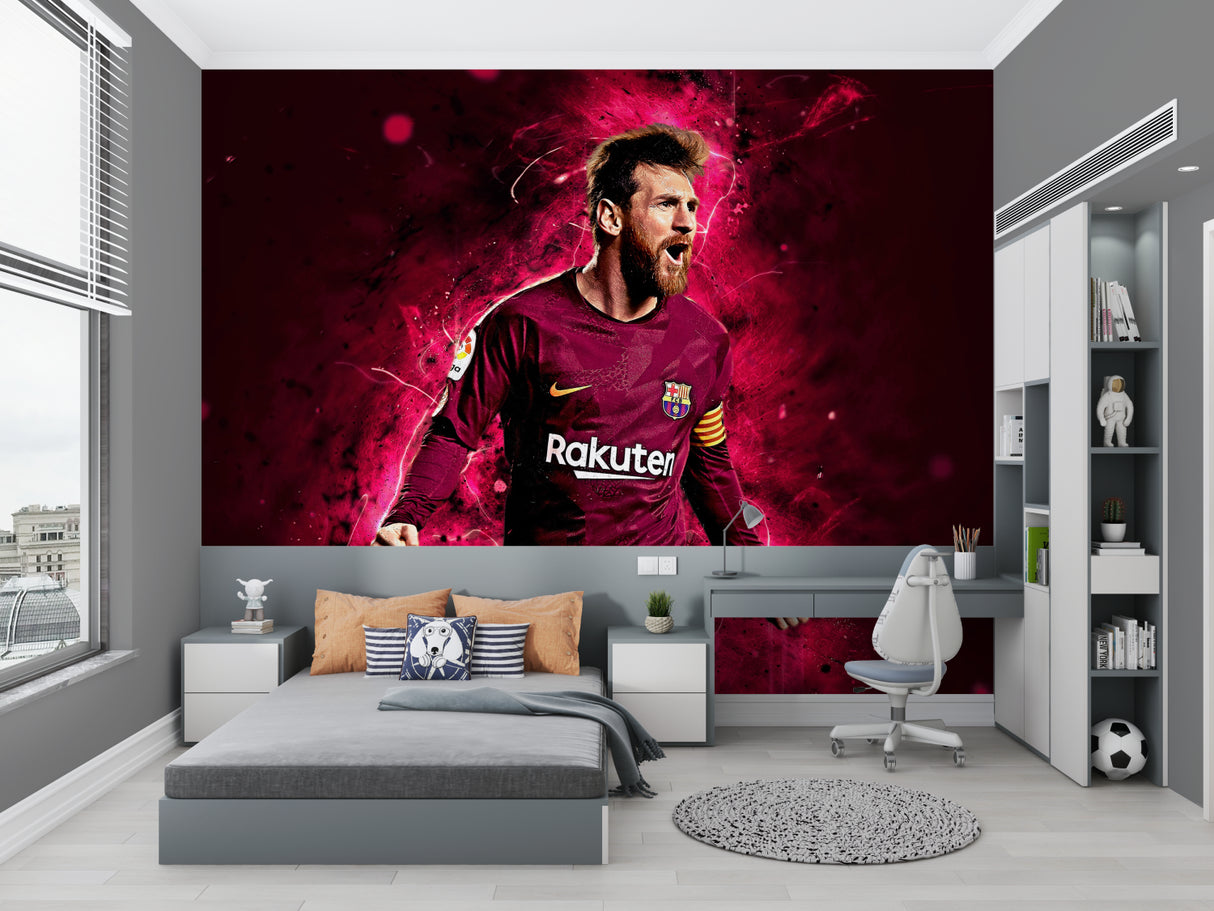 Football mural wallpaper bringing energy to a modern teen bedroom with red dynamic effects