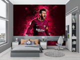 Football mural wallpaper bringing energy to a modern teen bedroom with red dynamic effects
