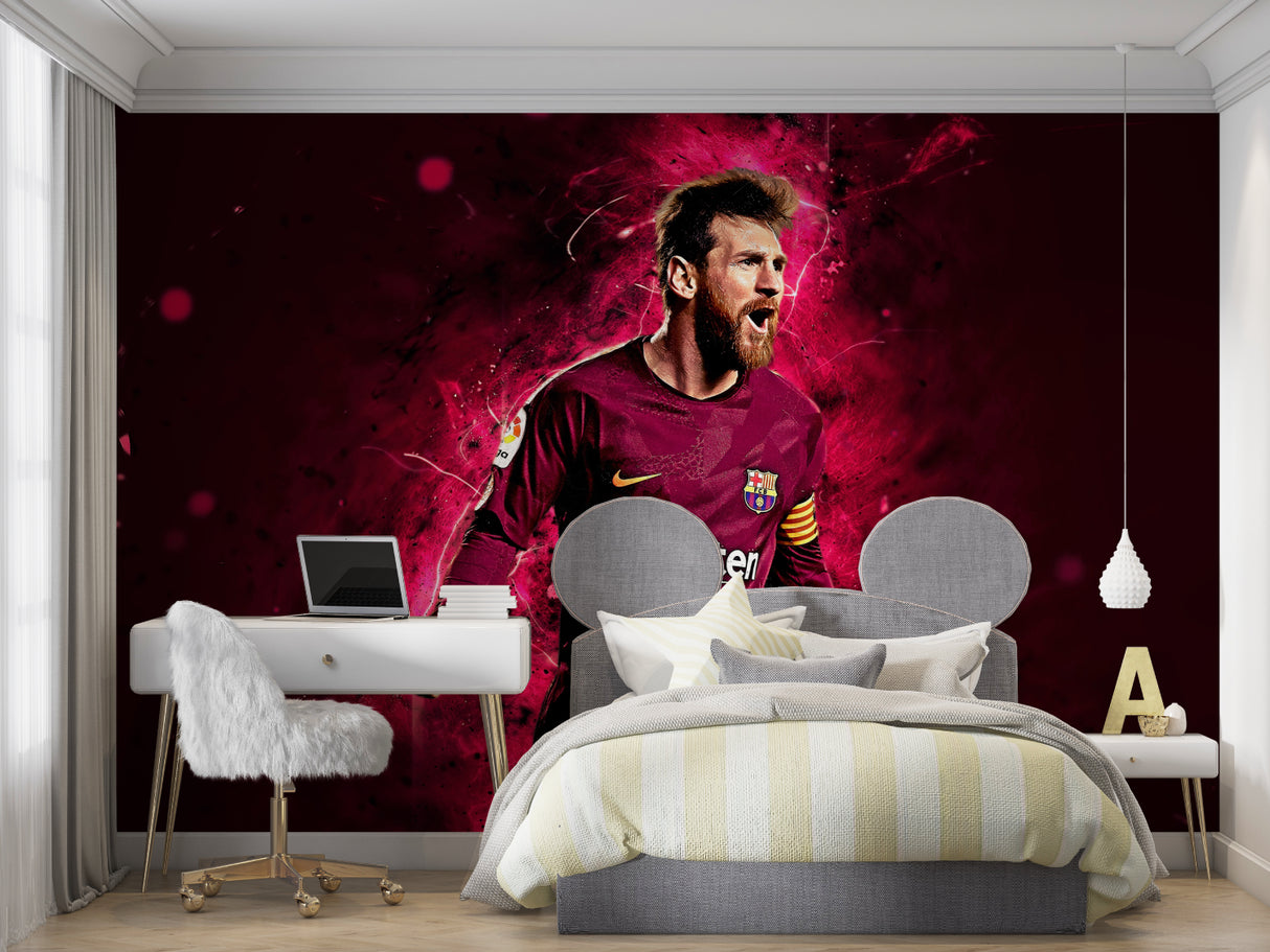 Sports themed home gym showcasing dramatic football wall mural in deep red tones