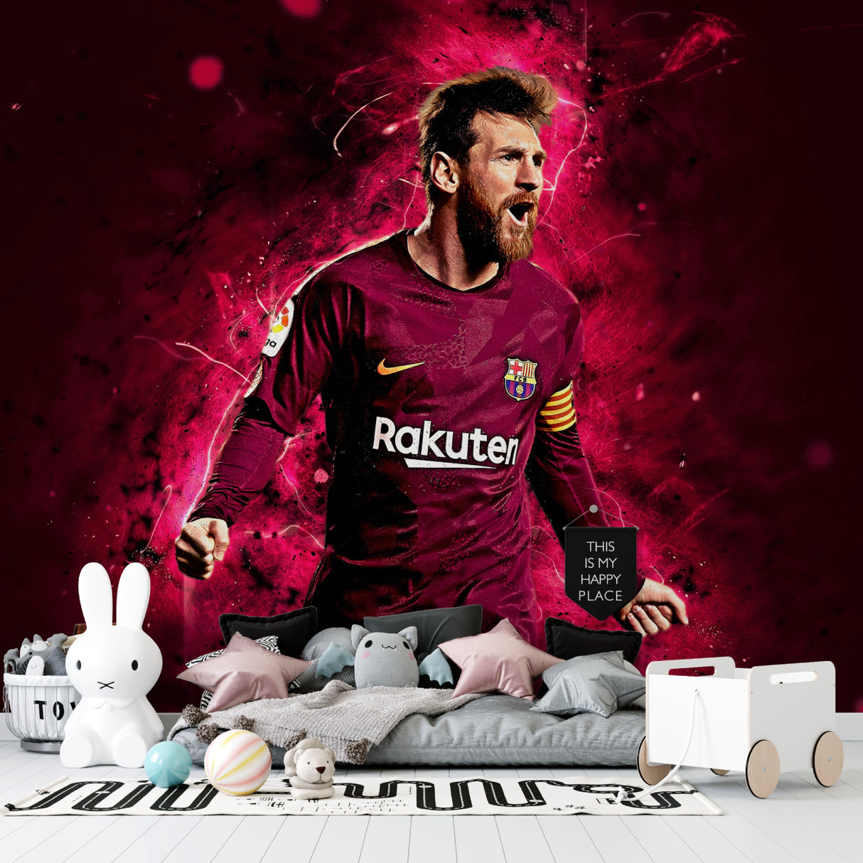 Game room featuring dynamic football wallpaper with striking motion effects