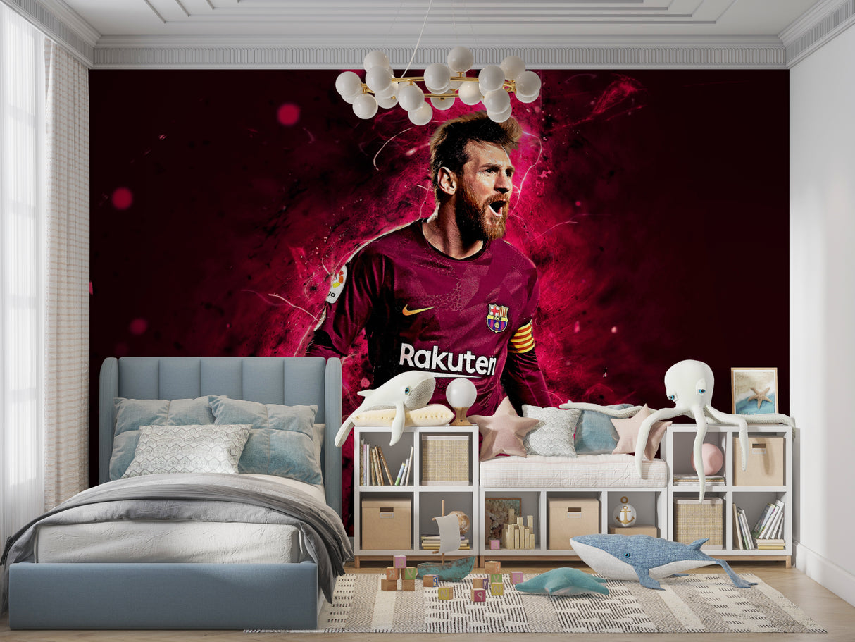 Man cave transformed with professional sports mural wallpaper in bold red design