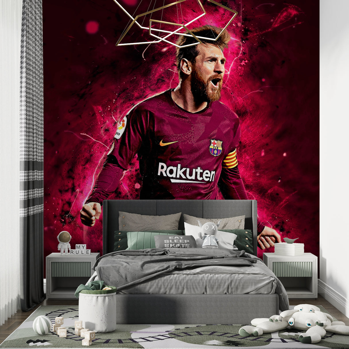 Sports bar accent wall showcasing football themed mural with energetic red motion effects