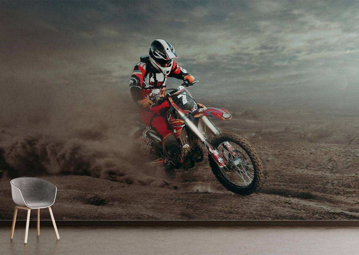 Motocross wallpaper bringing energy to a modern teen bedroom with gaming setup