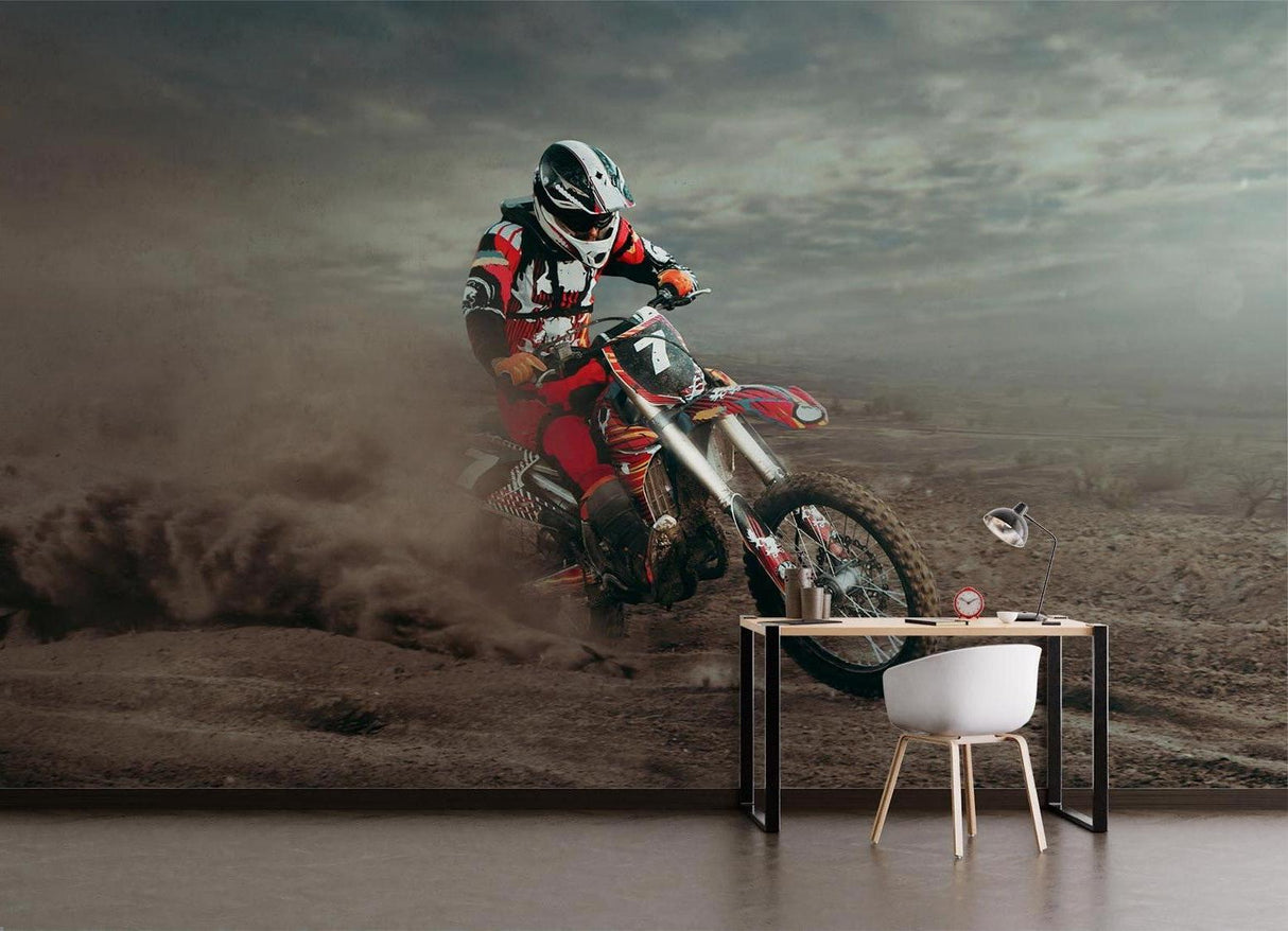 Dynamic dirt bike mural creating impact in a stylish game room setting
