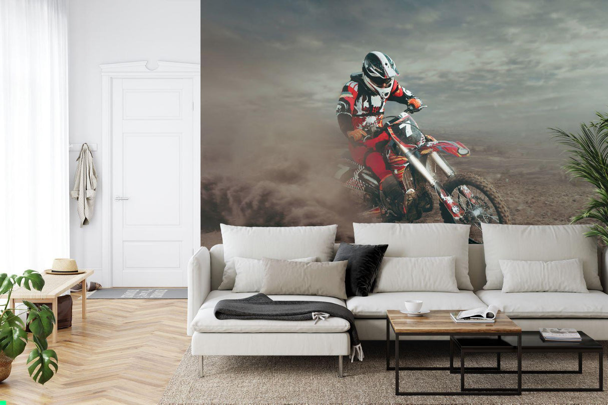 Sports action wallpaper showcased in a contemporary home office space