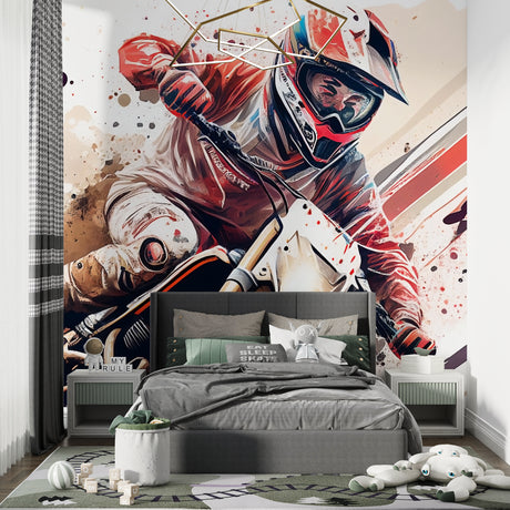 Motocross wallpaper bringing energy to a modern teen bedroom with gaming setup