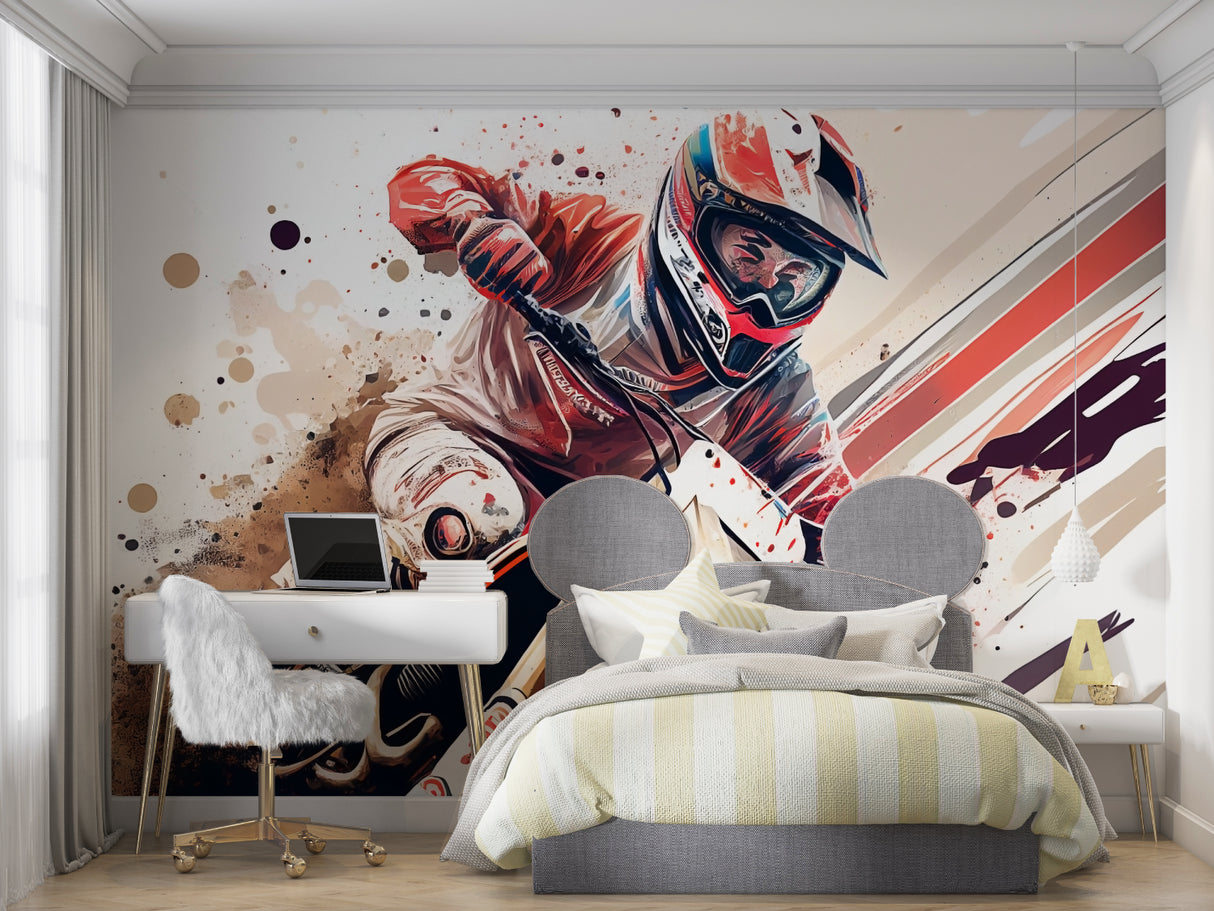 Sports mural creating impact in a stylish gaming room with red accents