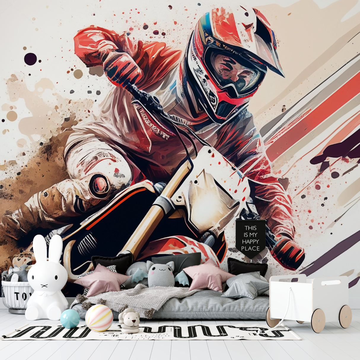 Dynamic motocross wallpaper transforming a cool hangout space