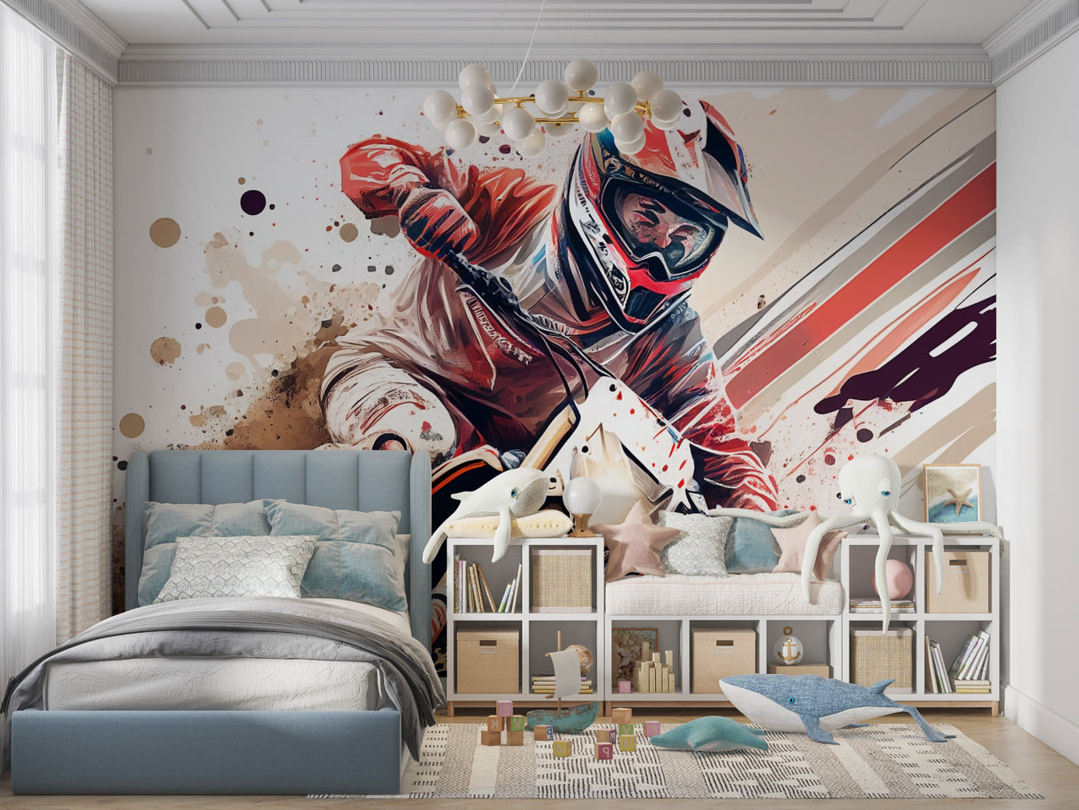 Action sports mural making statement in contemporary teen room