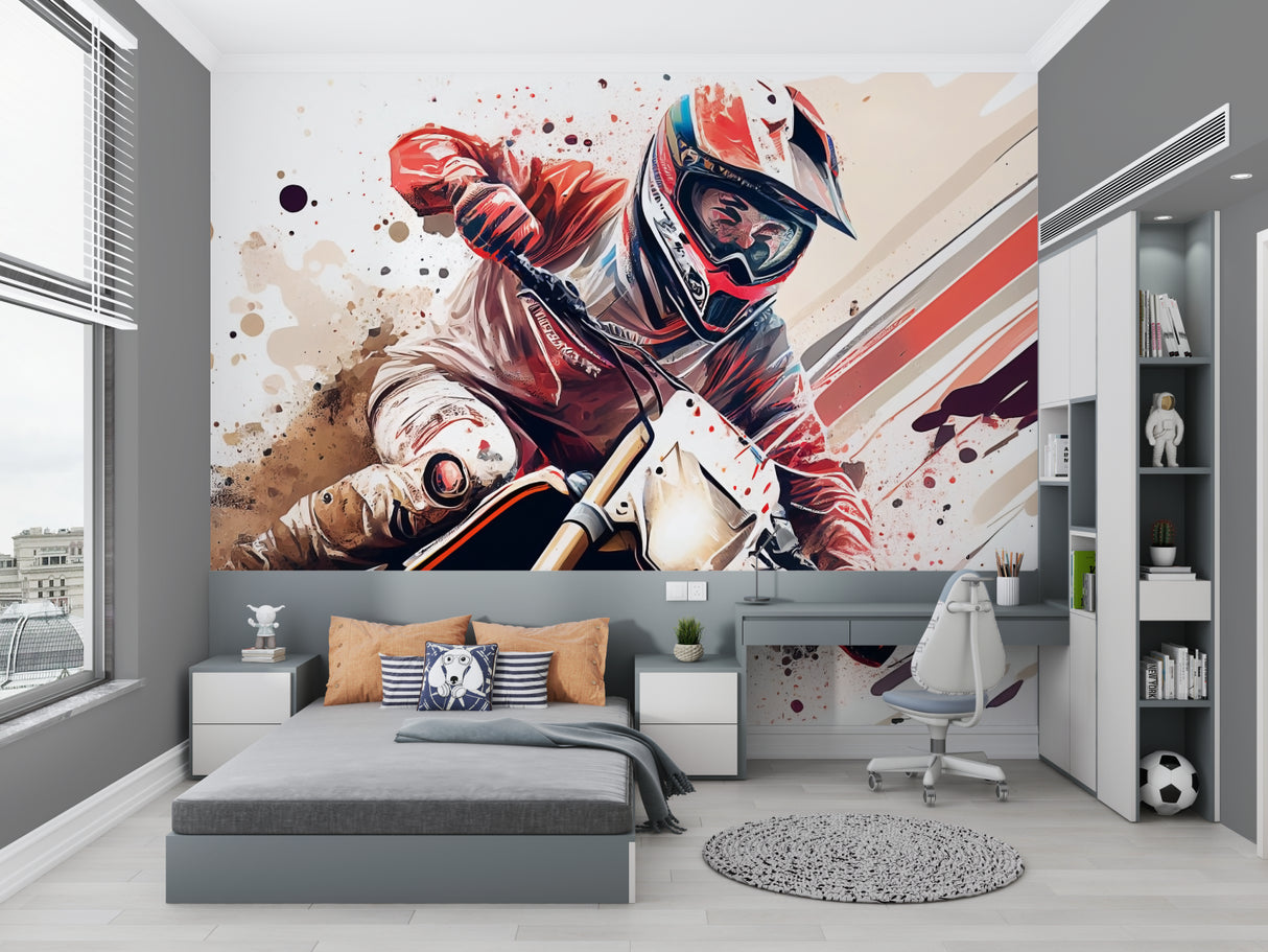 Extreme sports wallpaper adding energy to modern entertainment room