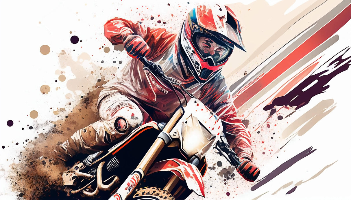 Motocross action design file showing detailed paint splatter effects and dynamic rider composition