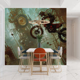 Motocross wallpaper bringing energy to a modern teen bedroom with red and black accents