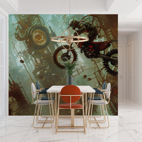 Motocross wallpaper bringing energy to a modern teen bedroom with red and black accents