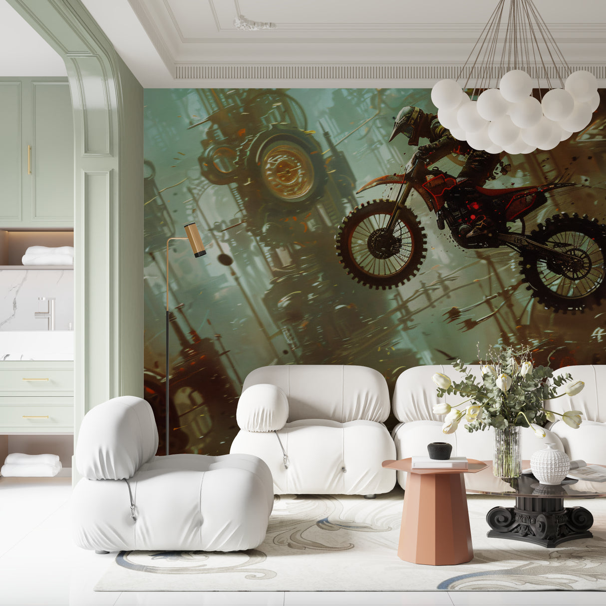 Dynamic motocross wall design transforming a home gym with bold sports theme