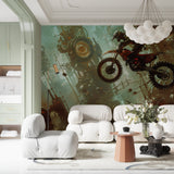 Dynamic motocross wall design transforming a home gym with bold sports theme