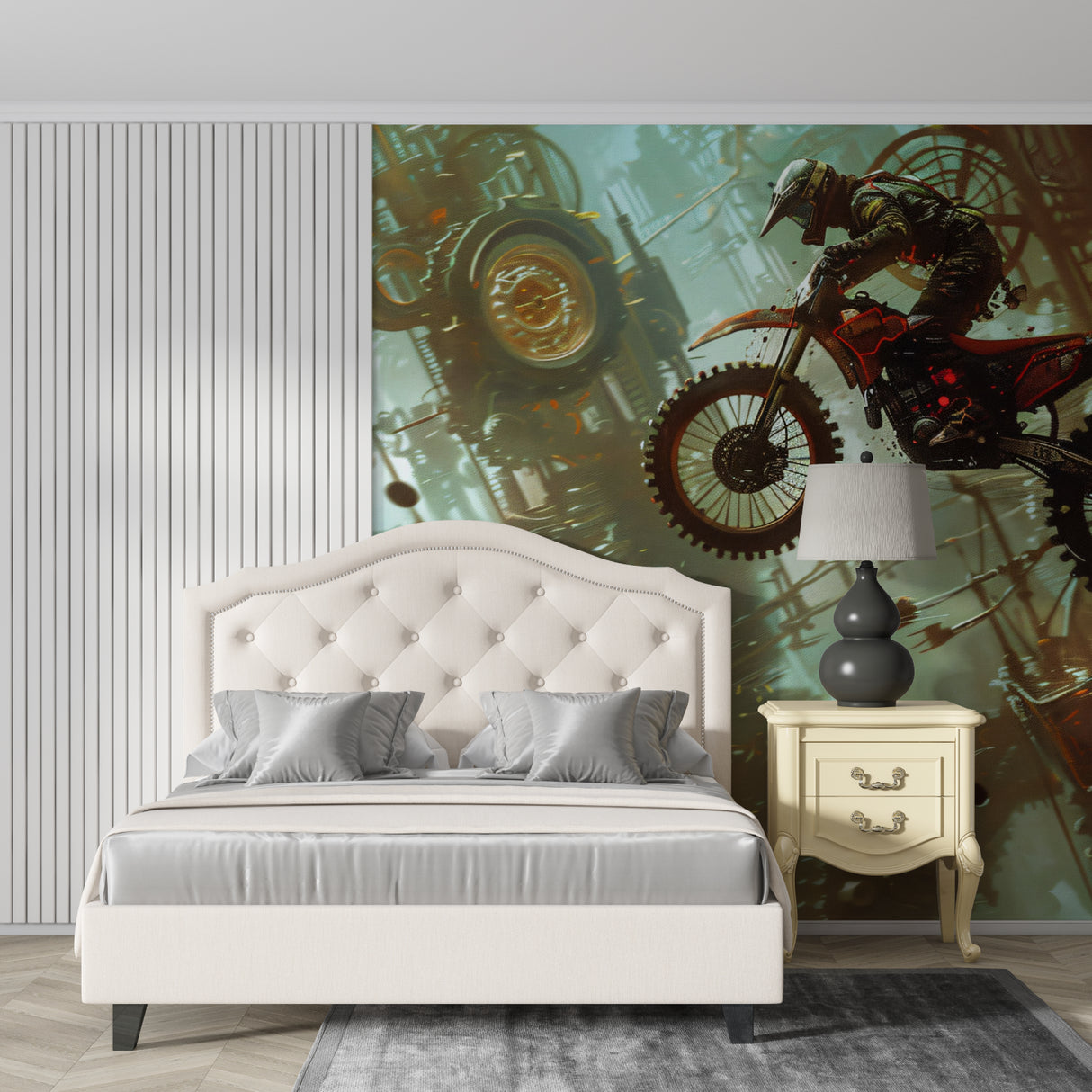 Motorcycle wall mural creating an energetic atmosphere in a modern living room