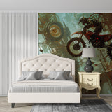 Motorcycle wall mural creating an energetic atmosphere in a modern living room