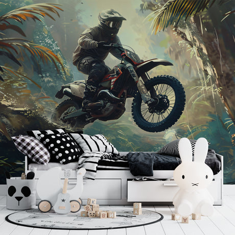 Motocross wallpaper mural in modern teen bedroom showing dynamic motorcycle action against tropical backdrop