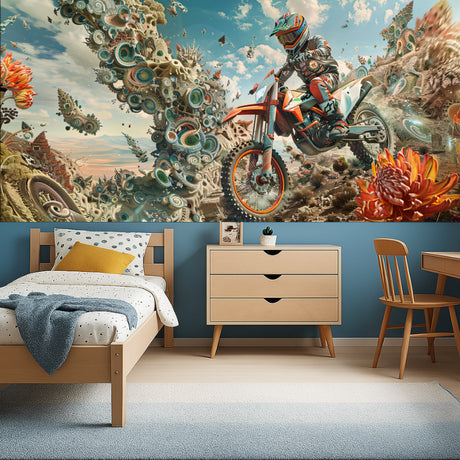 Motocross wallpaper mural in modern teen bedroom showing orange bike against turquoise backdrop