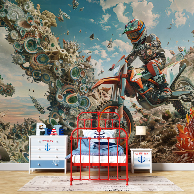 Dynamic motocross wallpaper installed in urban style living room with modern furniture