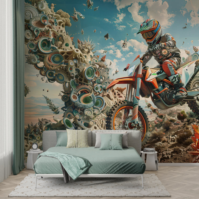 Action sports mural showing motocross rider in home office space with minimal decor