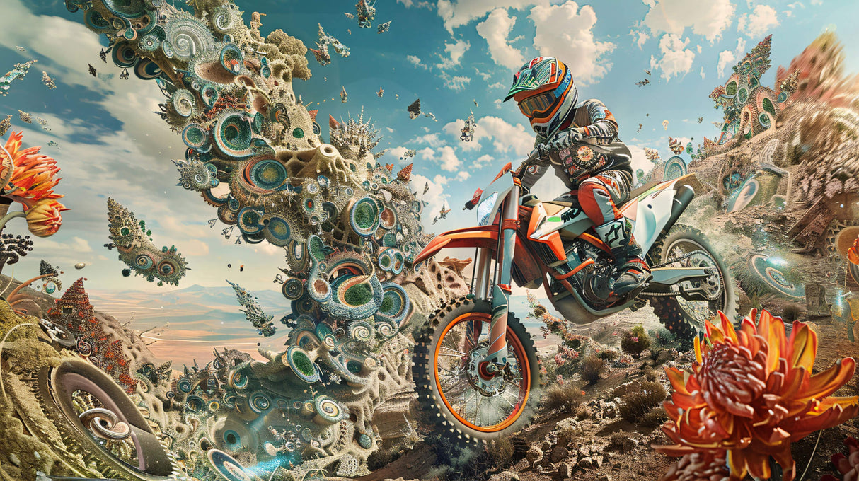 Motocross wallpaper design file showing full pattern with geometric elements and surreal landscape