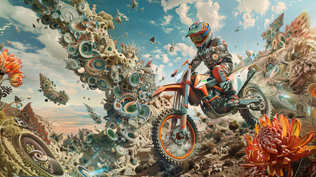 Motocross wallpaper design file showing full pattern with geometric elements and surreal landscape