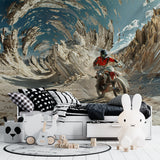 Motocross wallpaper creating bold impact in modern teen bedroom with gaming setup