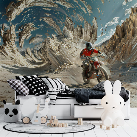 Motocross wallpaper creating bold impact in modern teen bedroom with gaming setup