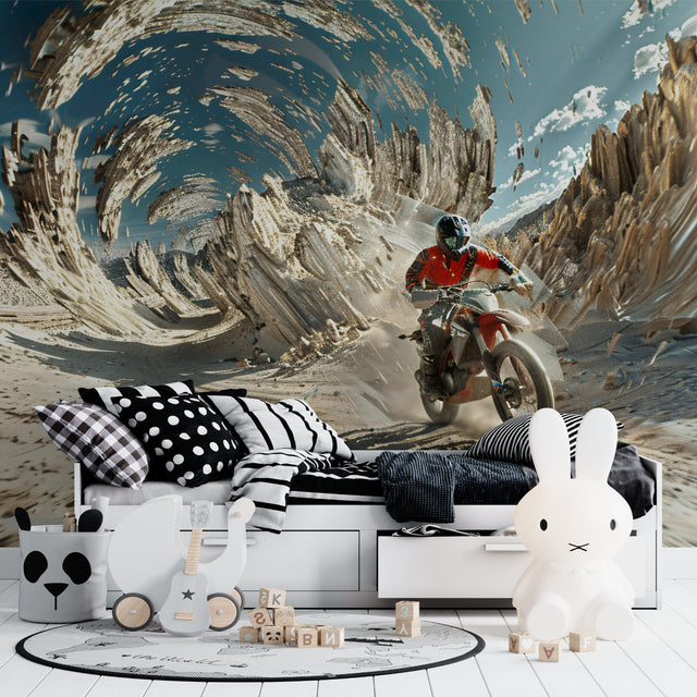 Motocross wallpaper creating bold impact in modern teen bedroom with gaming setup