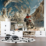 Sports wall mural bringing energy to a spacious game room with seating area