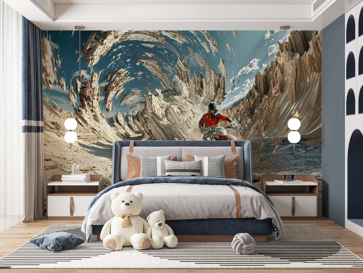 Dynamic motocross mural transforming a simple home gym into an energetic space