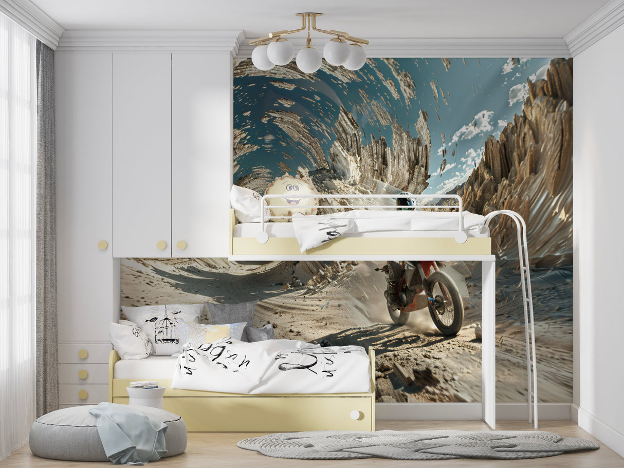 Motorcycle wall mural adding excitement to entertainment room with modern furniture