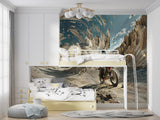 Motorcycle wall mural adding excitement to entertainment room with modern furniture