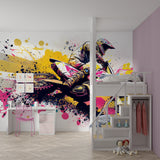 Motocross wallpaper bringing urban style to a modern teen bedroom with pink and yellow accents
